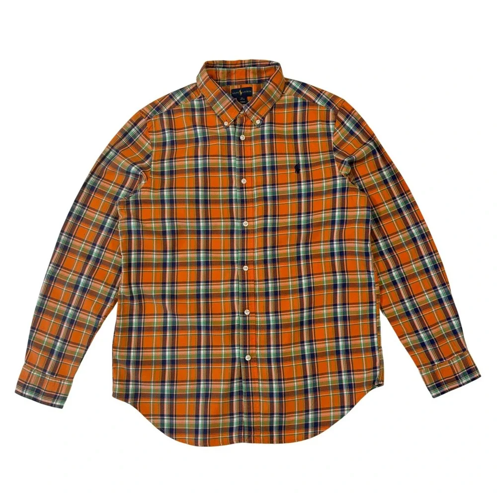 Ralph Lauren Boys XL 18-20 Plaid Button Down Shirt Orange Green Blue Cotton Long